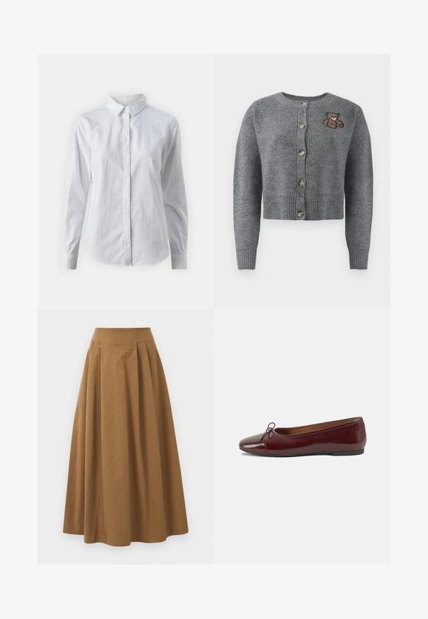 Grauer Strickcardigan mit rundem Halsausschnitt, geripptem Saum, fünf Knöpfen und einem gestickten Bärenmotiv auf der linken Seite.; Weißes Hemd mit Knöpfen, aus glattem Baumwollstoff, mit klassischem Kragen, langen Ärmeln und abgerundetem Saum. Die Knöpfe sind klein und weiß.; Brauner Baumwoll-A-Linien-Rock mit hoher Taille, der vorne Falten aufweist und eine glatte Textur hat. Der Saum ist sauber und einfach verarbeitet.; Burgunderfarbenes, lackiertes Ballettschuh mit abgerundetem Zehenbereich, kleiner Schleifenakzent vorne und einer niedrigen, schwarzen Gummisohle. Glatte Textur.