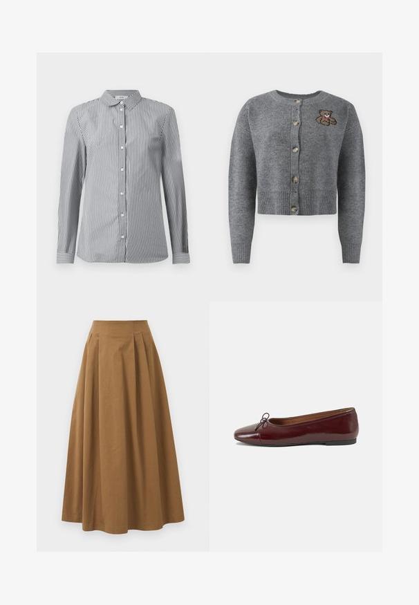 Gray knitted cardigan with a round neckline, ribbed hem, five buttons, and an embroidered bear detail on the left side.; Striped button-up shirt in black and white cotton fabric. Features a classic collar and long sleeves with button cuffs.; Brown cotton A-line skirt with a high waist, featuring pleats down the front and a smooth texture. Hem finishes are clean and simple.; Burgundy patent leather ballet flat with a rounded toe, small bow accent at the front, and a low, black rubber sole. Smooth texture.