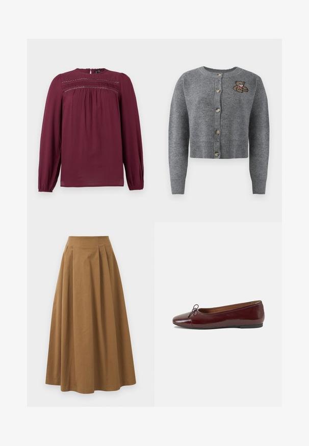 Grijze gebreide cardigan met een ronde hals, geribbelde onderrand, vijf knopen en een geborduurd berenmotief aan de linkerkant.; Bordeaux blouse met lange mouwen, ronde halslijn en geplooide details bij de borst. Glad stof met subtiele textuur en zachte draping.; Bruine katoen A-lijn rok met een hoge taille, voorzien van plooien aan de voorkant en een gladde textuur. De zoomafwerking is schoon en eenvoudig.; Bordeaux gepatenteerd lederen ballerina met een ronde neus, een klein strikaccent aan de voorkant en een lage, zwarte rubberen zool. Glad textuur.