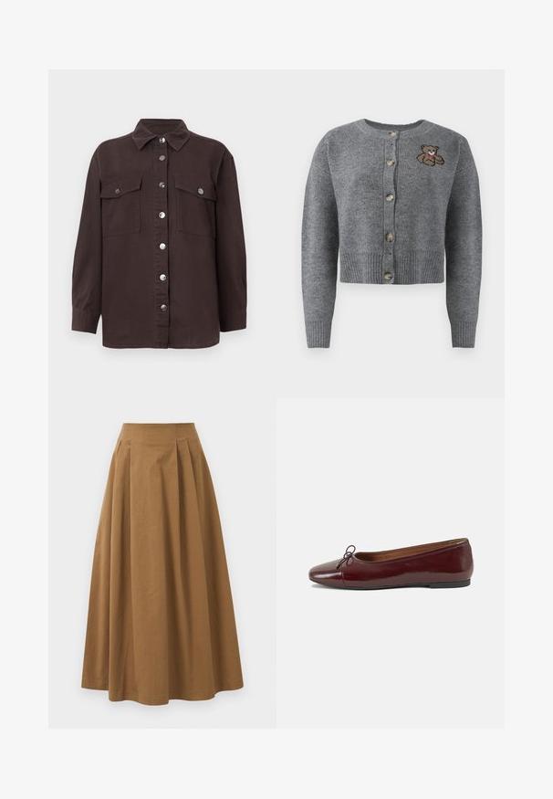 Grijze gebreide cardigan met een ronde hals, geribbelde onderrand, vijf knopen en een geborduurd berenmotief aan de linkerkant.; Donkerbruine overhemdjasje van katoen, met een kraag, sluiting met knopen aan de voorkant, twee borstzakken en zilveren knopen. Lange mouwen.; Bruine katoen A-lijn rok met een hoge taille, voorzien van plooien aan de voorkant en een gladde textuur. De zoomafwerking is schoon en eenvoudig.; Bordeaux gepatenteerd lederen ballerina met een ronde neus, een klein strikaccent aan de voorkant en een lage, zwarte rubberen zool. Glad textuur.