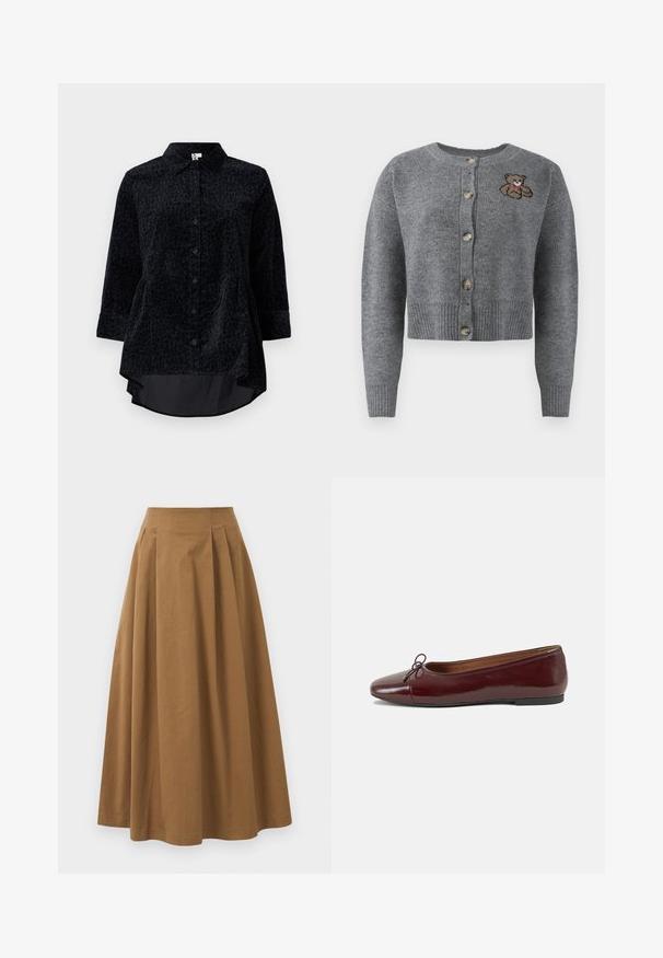 Sivý pletený cardigan s okrúhlym výstrihom, rebrovaným lemom, piatimi gombíkmi a vyšívanou detailou medveďa na ľavej strane.; Čierna košeľa na gombíky s leopardím vzorom, vyrobená z mäkkej textúrovanej tkaniny, s zakriveným lemom a rukávmi s dĺžkou trištvrte.; Hnedá bavlnená sukňa A-línie s vysokým pásom, so skladmi vpredu a hladkou textúrou. Hranice sú čisté a jednoduché.; Burgundské lakované balerínky s okrúhlou špičkou, malou mašľou na prednej strane a nízkou čiernou gumovou podrážkou. Hladký povrch.