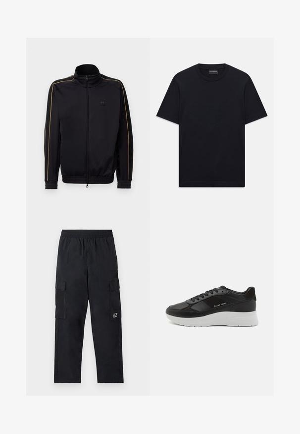 Svart zip-up träningsjacka med guldpiping på ärmar och axlar, elastiska mudd och fåll, samt liten EA7-logotyp på bröstet.; Svart kortärmad T-shirt med rund halsringning och subtilt upphöjd logodesign centrerad på bröstet samt en märkeslapp inuti kragen.; Svarta cargobyxor med elastisk midja, sidfickor och en liten logotyp på vänster ben. Tillverkade av lätt, slät tyg.; Svarta lädersneakers med suedekanter, rund tå, vit gummisula och stickade detaljer. Logotyp tryckt på sidan. Klassisk snörningsdesign.
