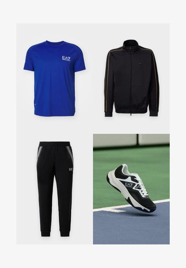 Svart zip-up treningsjakke med gullpiping på ermene og skuldrene, elastiske mansjetter og kant, samt liten EA7-logo på brystet.; Blå treningstrøye med korte ermer, laget av lett materiale. Har en hvit EA7-logo på brystet og flate sømmer for komfort.; Svarte tapered joggebukser med glidelåslommer på sidene, stripete paneldetaljer, elastisk midje og EA7 Emporio Armani-logo på høyre lår.; Svart-hvitt EA7 Emporio Armani-sneaker hengt opp over blå og grønne tennisbane-linjer.