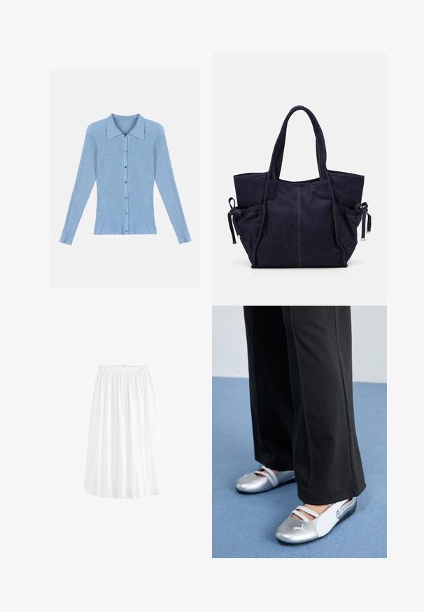 Jasnoniebieski sweter z ribbowanym splotem, z kołnierzykiem i zapięciem na guziki z przodu. Ma długie rękawy i dopasowany krój.; Dwa bezrękawniki: jeden biały, o prążkowanej fakturze, a drugi jasnoszary z delikatnym wzorem heather. Oba mają okrągłe dekolty.; Biała spódnica do kolan wykonana z lekkiego materiału. Posiada elastyczny pas, który umożliwia dopasowanie, oraz miękkie drapowanie.; Srebrno-białe płaskie buty z krzyżującymi się paskami i fakturowanym wykończeniem, zestawione z luźnymi czarnymi spodniami. Na tle niebieskiej podłogi.; Becksöndergaard LAUREL ciemnoniebieski