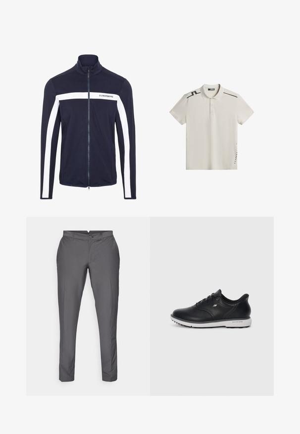 Marinblå jacka med dragkedja, hög krage och vita sidostråk. Tillverkad av ett smidigt,/stretchigt material; har en logotyp på bröstet.; Pikétröja, ljusbeige, kortärmad, krage, svarta detaljer på axlar och sida, tillverkad av slät tyg, har logotryck på vänster sida.; Grå byxor i slät tyg. Har en skräddarsydd passform med plan framdel, bältesöglor och knappstängning. Klassisk design.; Svart läder snörad Skechers sneakers med vit sula, sidologotyp och texturerat grepp på sulan mot en enkel ljus bakgrund.