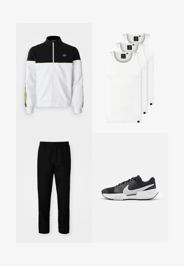 Casaco com fecho total, parte superior preta, parte inferior branca, detalhes em neon verde, riscas laterais padronizadas e pequeno logótipo de crocodilo verde no peito.; Três tops em algodão de alças brancas com nervuras. Apresentam um decote redondo e pequenas etiquetas pretas perto da bainha. Disponíveis em vários tamanhos.; Calças pretas com elástico na cintura e corte reto, feitas de um tecido liso, com punhos elásticos nos tornozelos e sem bolsos visíveis.; Sapatos atléticos pretos com um cabedal texturizado, logótipo swoosh branco, calcanhar acolchoado e uma sola branca em contraste com um padrão em zigzag.