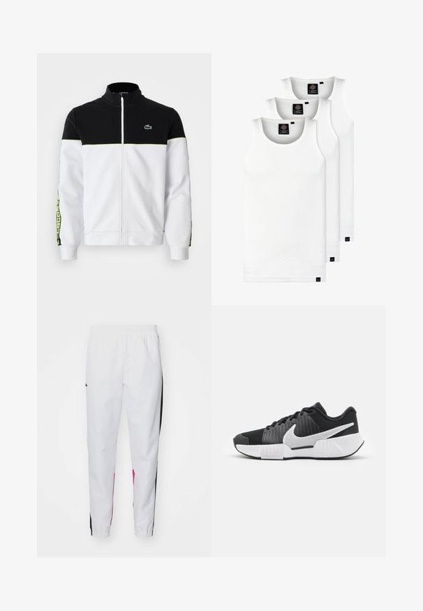 Casaco com fecho total, parte superior preta, parte inferior branca, detalhes em neon verde, riscas laterais padronizadas e pequeno logótipo de crocodilo verde no peito.; Três tops em algodão de alças brancas com nervuras. Apresentam um decote redondo e pequenas etiquetas pretas perto da bainha. Disponíveis em vários tamanhos.; Calças atléticas brancas com uma cintura elástica, apresentando painéis laterais pretos e rosas. Feitas de um material suave, com ajuste estreito nos tornozelos.; Sapatos atléticos pretos com um cabedal texturizado, logótipo swoosh branco, calcanhar acolchoado e uma sola branca em contraste com um padrão em zigzag.