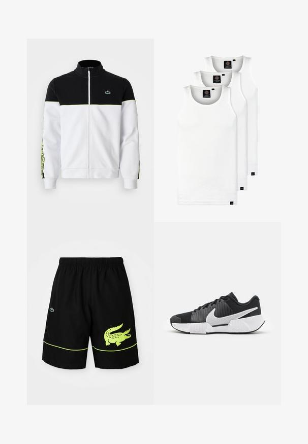 Casaco com fecho total, parte superior preta, parte inferior branca, detalhes em neon verde, riscas laterais padronizadas e pequeno logótipo de crocodilo verde no peito.; Três tops em algodão de alças brancas com nervuras. Apresentam um decote redondo e pequenas etiquetas pretas perto da bainha. Disponíveis em vários tamanhos.; Calções atléticos pretos com cintura elástica, logotipo de crocodilo amarelo-neón na perna direita, logotipo menor na perna esquerda e detalhe de piping amarelo-neón.; Sapatos atléticos pretos com um cabedal texturizado, logótipo swoosh branco, calcanhar acolchoado e uma sola branca em contraste com um padrão em zigzag.