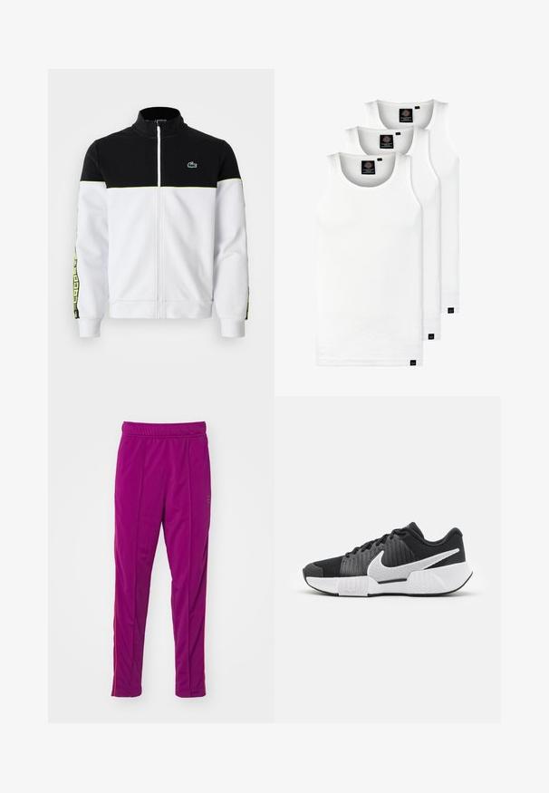 Vollzip-Jacke mit schwarzem Oberteil, weißem Unterteil, neongrünen Akzenten, gemusterten Seitestreifen und kleinem grünen Krokodil-Logo auf der Brust.; Drei weiße, gerippte Tanktops aus Baumwolle. Merkmale einen Rundhalsausschnitt und kleine schwarze Etiketten am Saum. In mehreren Größen erhältlich.; Fleece-Jogginghose in kräftigem Lila mit Slim-Fit, elastischem Taillenbund und roten Seitenstreifen. Glatte Textur, tapered Knöchel-Design.; Schwarze Sportschuhe mit einer strukturierten Oberseite, weißem Swoosh-Logo, gepolstertem Fersenbereich und einer kontrastierenden weißen Sohle mit einem Zickzackmuster.