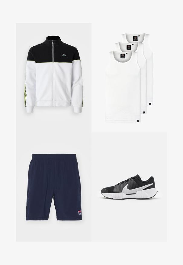Sudadera con cremallera completa, parte superior negra, parte inferior blanca, detalles en neón verde, rayas laterales estampadas y pequeño logo de cocodrilo verde en el pecho.; Tres camisetas sin mangas de algodón de color blanco con canalé. Cuentan con cuello redondo y pequeñas etiquetas negras cerca del dobladillo. Disponibles en múltiples tamaños.; Fila SHORTS FILIP - Pantalón corto de deporte - navy; Zapatillas deportivas negras con parte superior texturizada, logo de swoosh blanco, talón acolchado y suela blanca contrastante con un patrón en zigzag.