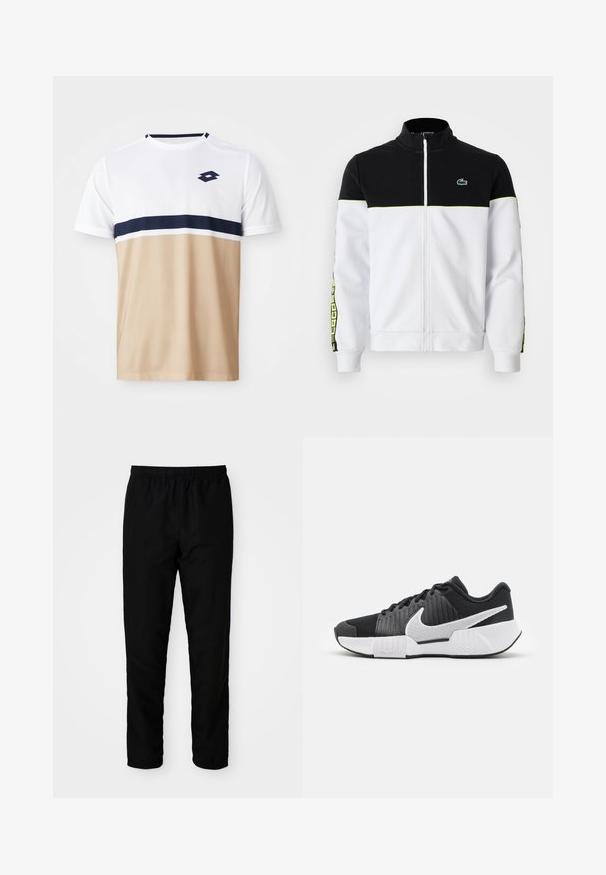 Koko-zip takki, jossa on musta yläosa, valkoinen alaosa, neonvihreä reunus, kuvioidut sivu-urheilunauhat ja pieni vihreä krokotiililogo rinnassa.; Urheilupaita lyhyillä hihoilla, jossa on valkoinen yläosa, laivastonsinisiä ja valkoisia vaakaraitoja, sekä beige alaosa, jossa on teksturoitu pinta.; Mustat joustovyötäröiset housut suoran leikkauksen omaavina, valmistettu sileästä kankaasta, jossa on joustavat resorit nilkoissa ja ei näkyviä taskuja.; Mustat urheilukengät, joissa on tekstuuri päällä, valkoinen swoosh-logo, pehmustettu kanta ja kontrastivalkoinen pohja, jossa on sahalaitakuviota.