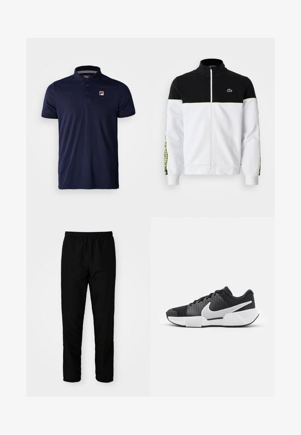Sudadera con cremallera completa, parte superior negra, parte inferior blanca, detalles en neón verde, rayas laterales estampadas y pequeño logo de cocodrilo verde en el pecho.; Polo de color azul marino fabricado en una tela suave, con una tapeta de tres botones, cuello acanalado y un pequeño logo de FILA en el lado izquierdo del pecho.; Pantalones negros de cintura elástica con corte recto, confeccionados en tela suave, que cuentan con puños elásticos en los tobillos y sin bolsillos visibles.; Zapatillas deportivas negras con parte superior texturizada, logo de swoosh blanco, talón acolchado y suela blanca contrastante con un patrón en zigzag.