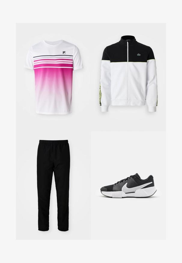 Kurtka z pełnym zamkiem błyskawicznym, czarna górna część, biała dolna część, neonowozielone wykończenia, wzorzyste paski po bokach oraz małe zielone logo krokodyla na klatce piersiowej.; Biała koszulka z krótkim rękawem z różowym ombre, poziomymi paskami w ciemnoróżowym i granatowym, oraz małym czarnym logo na piersi.; Czarne spodnie elastyczne w pasie o prostym kroju, wykonane z gładkiego materiału, z elastycznymi mankietami przy kostkach i bez widocznych kieszeni.; Czarne buty sportowe z teksturowaną cholewką, białym logo swoosh, wyściełanym zapiętkiem oraz kontrastującą białą podeszwą z wzorem w zygzak.