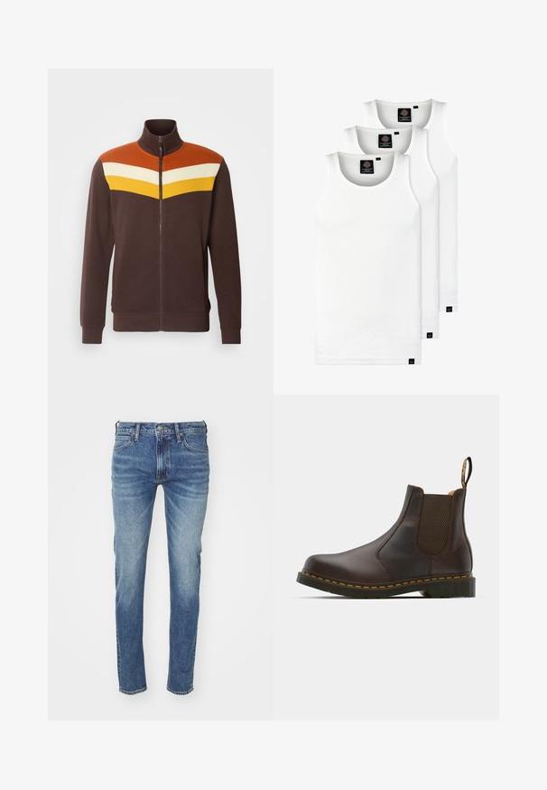 Barna cipzáros dzseki magas gallérral, amelyen geometrikus mintázat látható narancssárga, fehér és sárga színekben a vállnál. Simább textúra.; Három fehér csíkos pamut trikó. Felső része kerek nyakkivágású, és a szegély közelében kis fekete címkék találhatók. Több méretben elérhető.; Kék farmernadrág, kopott megjelenéssel, egyenes lábformával, öt zsebbel és övhurkokkal; klasszikus gombos és cipzáras záródással.; Barna bőr Chelsea csizma elasztikus oldalsó panelekekkel, texturált sarokkal és kontrasztos sárga varrással. Könnyű felhúzást segítő fülekkel rendelkezik.