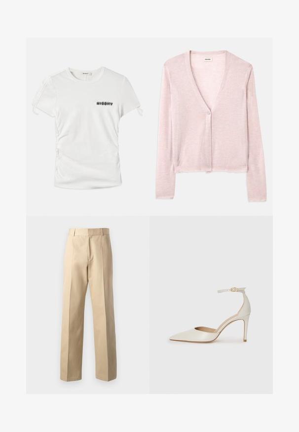 Šviesiai rožinė kardiganas, trumpas dizainas, ilgos rankovės, V formos iškirptė, vienas mygtukas, minkšta tekstūra, švelni mezgimo raštai ir grubios kraštų detalės.; Balta trumpa rankovė t-shirt marškiniai su šoniniais raukiniais ir "MISBHV" išspausdinta neryškiai juodomis raidėmis kairėje krūtinės pusėje.; Šviesiai rudos kelnes su tiesaus kojų kirpimu, turinčiu lygią tekstūrą, centrines priekines klostes ir klasikiniu juosmeniu.; Balti odiniai aukštakulniai batai su smailiu priekiniu galu, kulkšnies dirželiu ir siauru stiletu. Lygi tekstūra su subtiliu blizgiu paviršiumi.