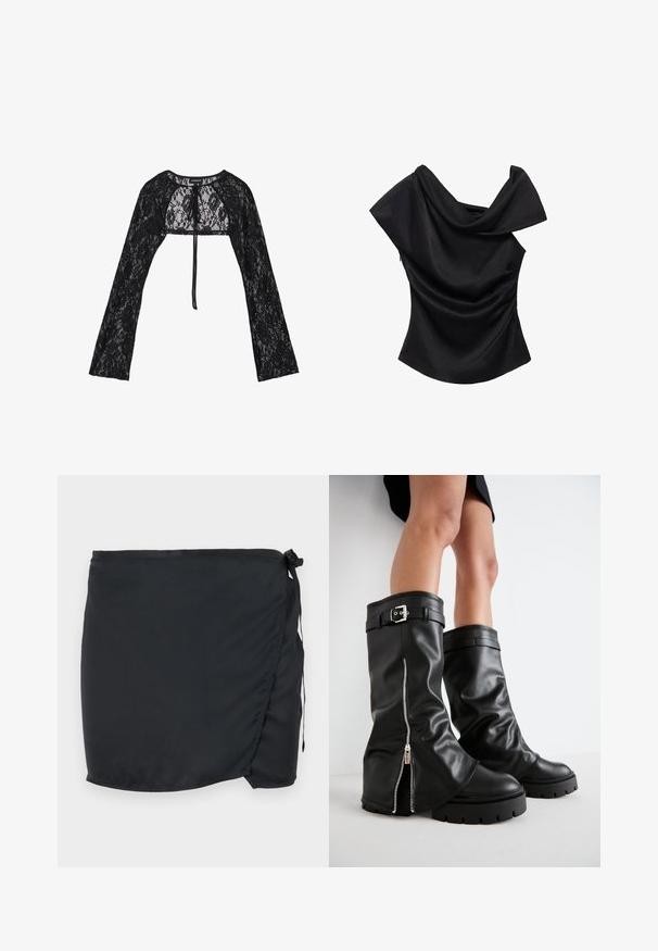 Even&Odd Cardigan - black; Black off-the-shoulder top with draped neckline, fitted shape, and smooth texture. Features gathered detail on the side seam.; Black swim skirt with a wrap design, made of lightweight fabric. Features a side tie closure and a smooth texture.; Black leather knee-high boots with a wide shaft, featuring a side zipper and buckle accent, textured finish, and chunky rubber sole.