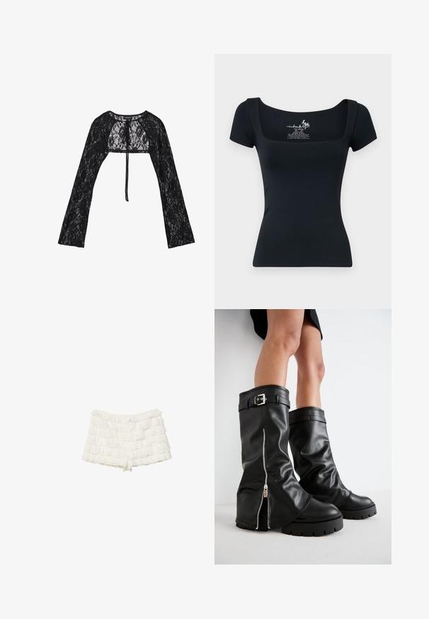 Even&Odd Strickjacke - black; Schwarzes, figurnahes T-Shirt mit kurzen Ärmeln und quadratischem Ausschnitt. Hergestellt aus gleitendem, dehnbarem Material. Mit einem bedruckten Etikett im Ausschnitt.; Stradivarius Shorts - white; Schwarze Lederstiefel bis zum Knie mit weiter Schaftweite, seitlichem Reißverschluss und Schnallenakzent, strukturierter Oberfläche und robuster Gummisohle.