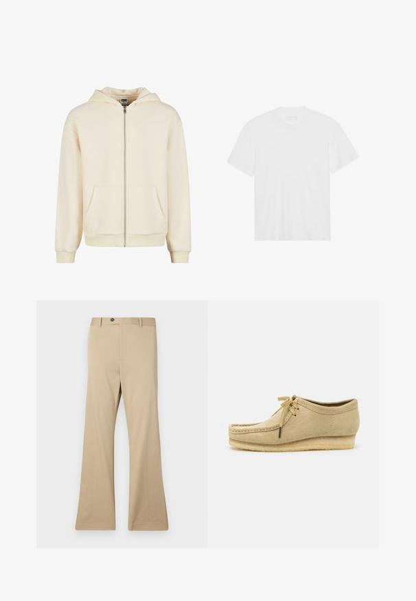 Crème kleurige zip-up hoodie gemaakt van zachte stof, met een gevoerde capuchon, voorzakken en ribbelmanchetten en -zoom voor een aansluitende pasvorm.; Witte katoenen t-shirt met korte mouwen, ronde hals en rechte zoom. Gladde textuur, minimalistisch ontwerp zonder patrons of accenten.; Beige flarebroek van een zachte stof. Heeft een knoopsluiting, zijzakken en een getailleerde pasvorm bij de heupen, die uitloopt in een brede pijp.; Beige suède schoen met een vetersluiting, gestikte details en een rubberen zool. De vorm is casual met een lichte sleehak.
