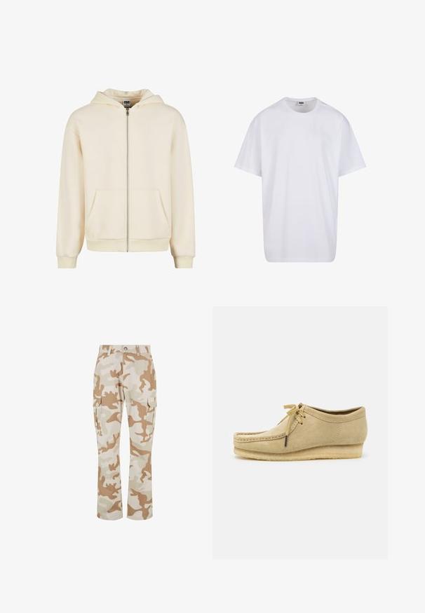 Krém színű zipzáros kapucnis pulóver, puha anyagból készült, béléses kapucnival, elülső zsebekkel és bordázott mandzsettákkal és aljjal a kényelmes illeszkedés érdekében.; Fehér pamut póló rövid ujjal, kerek nyakú, laza szabású, és nincsenek látható logók vagy minták. Simább textúra és minimalista dizájn.; Beige álcázó cargo nadrág, oldalzsebekkel, sima textúrájú anyagból készült, egyenes szárú fazonnal és gombos záródással.; Beige velúr cipő fűzővel, varrott részletekkel és gumitalppal. A fazon laza, enyhén sarokkal rendelkezik.