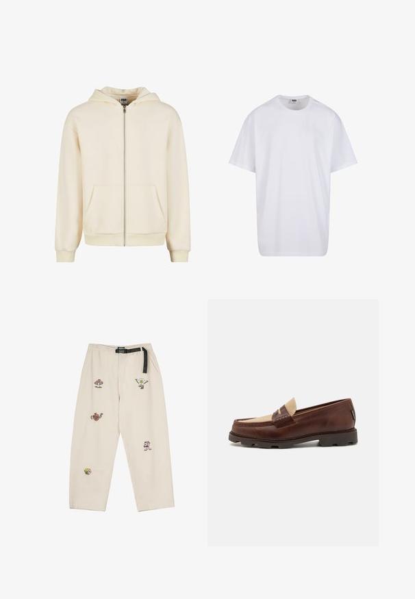 Kreminė užtraukiama glaustinė, pagaminta iš minkštos medžiagos, su pamuštu gobtuvu, priekinėmis kišenėmis ir neribotais rankogaliais bei apatine dalimi, užtikrinančiomis tvirtą prisitaikymą.; Balta medvilninė marškinėlių užsagėlė su trumpomis rankovėmis, apvaliu kaklu, laisva forma ir be matomų logotipų ar raštų. Lygi tekstūra ir minimalus dizainas.; Kaotiko PANT SKATE BELT FANTASY - Kelnės - ivory; Rudi odiniai loafers su taupe audinio akcentu, siuvinėta detalė ir tekstūruota gumine padu, sukurta komfortui ir ilgaamžiškumui.