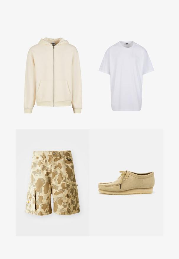 Felpa zip-up crema realizzata in tessuto morbido, con cappuccio foderato, tasche frontali e polsini e orlo a costine per una vestibilità aderente.; Maglietta bianca in cotone con maniche corte, scollatura rotonda, vestibilità comoda e senza loghi o motivi visibili. Texture liscia e design minimale.; Pantaloni cargo color khaki con motivo camouflage in tonalità di marrone. Presentano una vita elastica, tasche laterali e dettagli in tessuto a forma di asola.; Scarpa in suede beige con design a lacci, dettagli cuciti e suola in gomma. La forma è casual con un leggero tacco a cuneo.