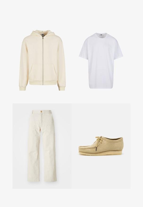 Krämfärgad zip-up hoodie tillverkad av mjukt tyg, med foder i huven, framfickor och ribbade muddar och nederdel för en åtsittande passform.; Vit bomull t-shirt med korta ärmar, rundad halsringning, avslappnad passform och utan synliga logotyper eller mönster. Slät textur och minimal design.; Beige vida byxor i bomull, med knappstängning, två sidfickor och rak passform, med en mjuk textur.; Beige mockaskinnssko med snörning, sydda detaljer och gummisula. Formen är avslappnad med en lätt kilklack.