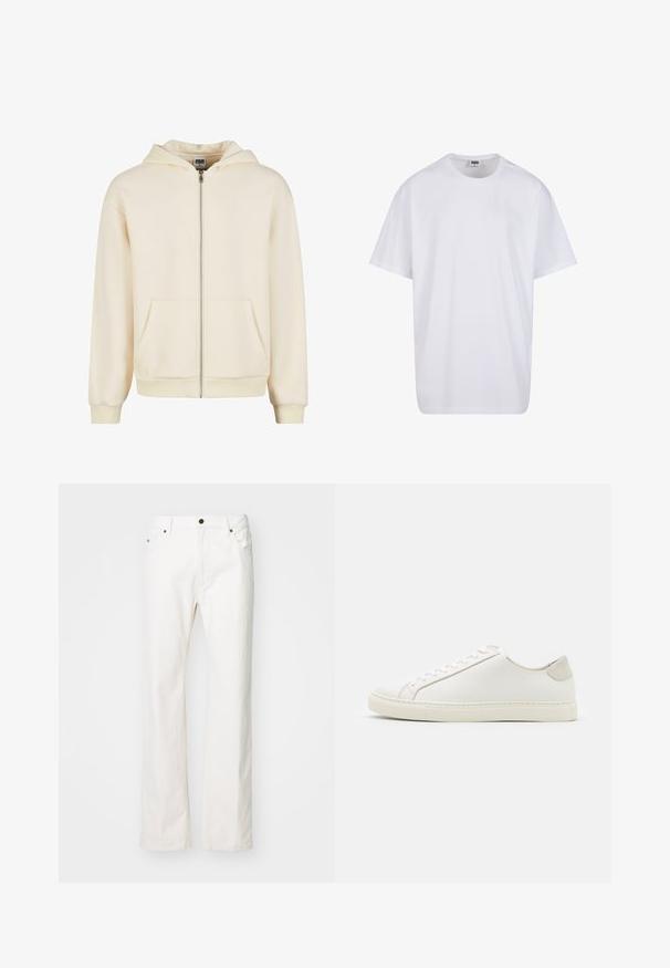 Felpa zip-up crema realizzata in tessuto morbido, con cappuccio foderato, tasche frontali e polsini e orlo a costine per una vestibilità aderente.; Maglietta bianca in cotone con maniche corte, scollatura rotonda, vestibilità comoda e senza loghi o motivi visibili. Texture liscia e design minimale.; Jeans di denim bianco con un design a gamba dritta, caratterizzati da uno stile a cinque tasche, chiusura con bottone in metallo e dettagli di cucitura minimi.; Sneaker bianca in pelle con superficie liscia, punta rotonda e design minimalista. Presenta dettagli beige sul tallone e una suola in gomma.