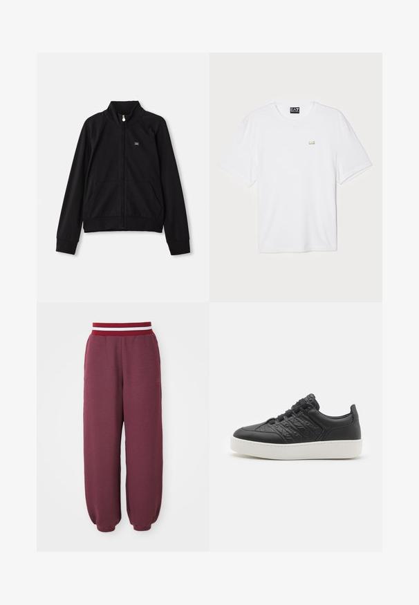 Melnā ar rāvējslēdzēju aizverama jaka ar stāvošu apkakli, divām priekšējām kabatām, ribotām piedurknēm un mazu logotipu kreisajā krūtī. Izgatavota no mīkstas, gludas auduma.; Balts kokvilnas T-krekls ar īsām piedurknēm, apaļu kakla izgriezumu, ar mazu zeltītu EA7 logotipu kreisajā krūšu daļā.; Burgundijas joggeri ar strukturētu audumu, sašaurinātiem svārkiem un kontrastējošu sarkanu un baltu svītru jostu. Uz sānu atrodams neliels logo.; Emporio Armani SLANG - Sporta apavi - black