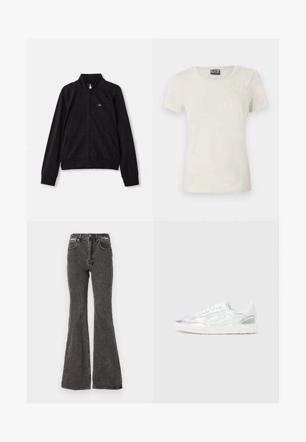 Veste zippée noire avec un col montant, deux poches avant, des poignets côtelés et un petit logo sur la poitrine gauche. Fabriquée en tissu doux et lisse.; T-shirt beige clair à manches courtes en tissu doux, avec un col ras du cou et un motif subtil à l'avant près du coin supérieur gauche.; Jean noir évasé en denim avec une texture délavée, comprenant des poches avant, des passants de ceinture et des éléments en métal à la taille.; Baskets blanches avec des accents argentés métalliques, texture lisse, bout rond, semelle plate et design classique à lacets.