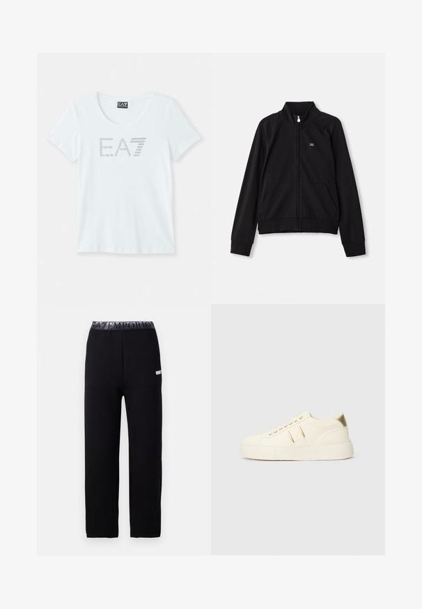 Juodas striukė su užtrauktuku, stovinčia apykakle, dviem priekinėmis kišenėmis, raukšlėmis rankogaliais ir mažu logotipu ant kairės krūtinės. Pagaminta iš švelnaus, lygaus audinio.; Balta trumpa rankovėmis marškinėliai su apvalia iškirpte, priekyje turi sidabrinį taškuotą "E.A7" logotipą. Pagaminti iš lengvos medvilnės medžiagos.; Juodos sportinės kelnės su glotnia, minkšta tekstūra, su elastingu juosmeniu ir logotipu, bei šoninėmis akcentų detalėmis. Tiesaus kirpimo dizainas.; Kreminės spalvos žemos sportinės bateliai su auksinėmis detalėmis, raišteliais ir iškilniu "Armani Exchange" logotipu ant pado ir šoninės etikės.
