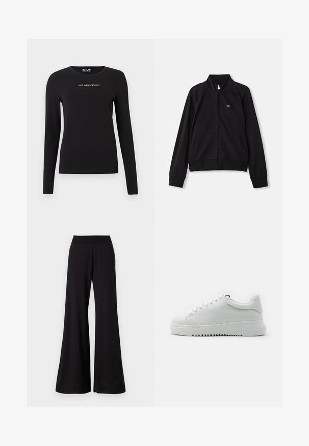 Juodas striukė su užtrauktuku, stovinčia apykakle, dviem priekinėmis kišenėmis, raukšlėmis rankogaliais ir mažu logotipu ant kairės krūtinės. Pagaminta iš švelnaus, lygaus audinio.; Juoda ilgomis rankovėmis medvilninė marškinėliai, suapvalintu kaklu ir mažais baltais logotipo tekstais ant krūtinės. Lygus paviršius.; Juodos plačios kelnės, pagamintos iš lygaus audinio, su aukštu, tempiančiu juosmeniu. Kelnės turi pilną ilgį ir paprastą dizainą be raštų.; Balti sportbačiai su tekstūruota odine viršūne, apvaliu pirštu ir raištelių dizainu. Storas baltas guminis padas su tekstūruota sukibimo raštu.