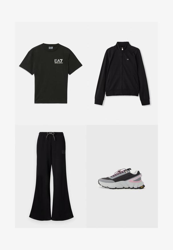 Juodas striukė su užtrauktuku, stovinčia apykakle, dviem priekinėmis kišenėmis, raukšlėmis rankogaliais ir mažu logotipu ant kairės krūtinės. Pagaminta iš švelnaus, lygaus audinio.; Juodas trumpomis rankovėmis marškinėliai su baltu "EA7 Emporio Armani" logotipu kairiajame krūtine ir atitinkančia etiketė ant kaklo.; Juodos laisvos sportinės kelnės su elastinga juosmens juosta ir raišteliu. Yra logotipo detalė šone ir glotni audinio tekstūra.; Sportiniai bateliai su juodu ir pilku viršumi, tekstūruotu tinkleliu, ryškiomis rožinėmis detalėmis, storu padu ir atspindinčia aparatūra, užtikrinančia tvirtą prigludimą.