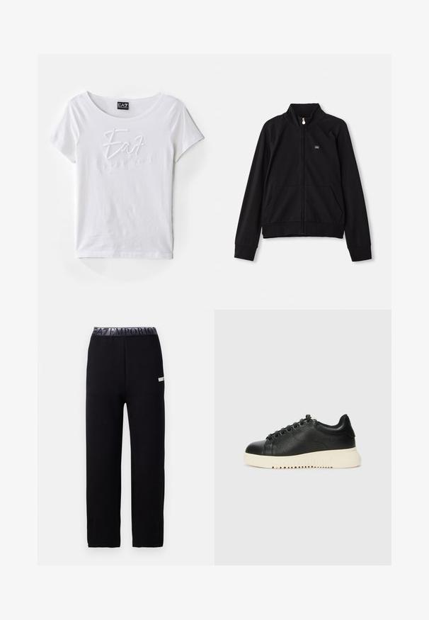 Melnā ar rāvējslēdzēju aizverama jaka ar stāvošu apkakli, divām priekšējām kabatām, ribotām piedurknēm un mazu logotipu kreisajā krūtī. Izgatavota no mīkstas, gludas auduma.; Balts kokvilnas T-krekls ar īsām piedurknēm, apaļu kakla izgriezumu, ar izšūtu baltu zīmolu "EA7 Emporio Armani" uz priekšpuses.; Melnas sporta bikses ar gludu, mīkstu tekstūru, kurām ir elastīga josta ar logo un sānu akcentu detaļu. Taisna kāju dizains.; Melnas ādas sporta kedas ar teksturētu apdari, apaļa purngala forma, seši melni acu caurumi un balta gumijas zole ar rievām.