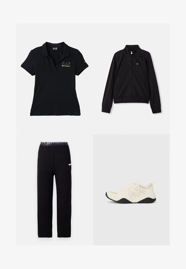 Čierna zipová bunda s stojáčikom, dvomi prednými vreckami, elastickými manžetami a malým logom na ľavej hrudi. Vyrobená z jemného a hladkého materiálu.; Čierna polo košeľa vyrobená z bavlny s klasickým golierom. Obsahuje zlaté logo na hrudi a jemný emblém značky na rukáve.; Čierne tepláky s hladkou, mäkkou textúrou, s elastickým pásom so logom a bočnými detailmi. Priamy strih nohavíc.; Biele tenisky s textúrovaným povrchom, zlatými akcentmi a dizajnom loga. Obsahujú čiernu podrážku a šnurovanie pre bezpečné upevnenie.