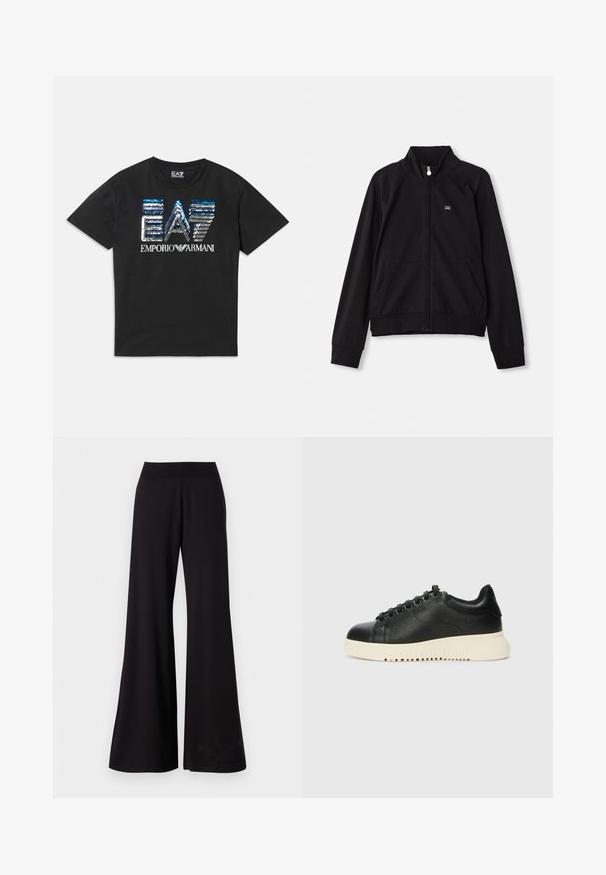 Melnā ar rāvējslēdzēju aizverama jaka ar stāvošu apkakli, divām priekšējām kabatām, ribotām piedurknēm un mazu logotipu kreisajā krūtī. Izgatavota no mīkstas, gludas auduma.; Melna īsām piedurknēm T-kreklā ar zilu un sudraba spīguļoto "EA7" logo un baltu "Emporio Armani" tekstu priekšā.; Melnas platās bikses, kas izgatavotas no gludas auduma ar augstu, elastīgu jostasvietu. Bikses ir pilna garuma un tām ir vienkārša dizaina bez rakstiem.; Melnas ādas sporta kedas ar teksturētu apdari, apaļa purngala forma, seši melni acu caurumi un balta gumijas zole ar rievām.