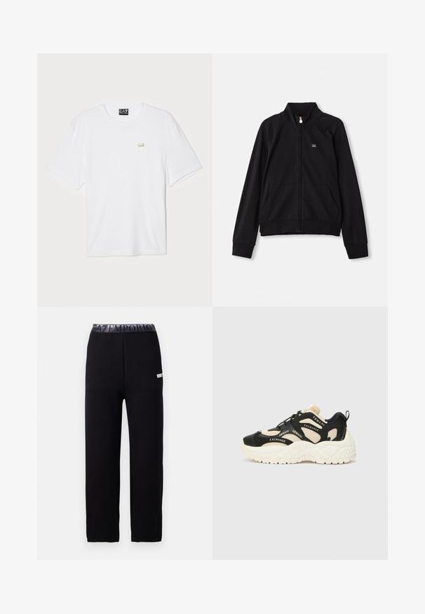 Fekete zipzáras dzseki álló gallérral, két elülső zsebbel, bordás mandzsettákkal és egy kis logóval a bal mellrészen. Puha, sima anyagból készült.; Fehér pamut póló rövid ujjal, kerek nyakkivágással, amelyen egy kis arany EA7 logó található a bal mellrészen.; Fekete jogger nadrág sima, puha felülettel, rugalmas derékkal, logóval és oldalsó díszítéssel. Egyenes lábformájú.; Fekete és krémszínű sportcipők texturált talppal, hálós panelek és márkázott részletek. Kerek orr és fűzős kialakítás. Állítható saroktab.