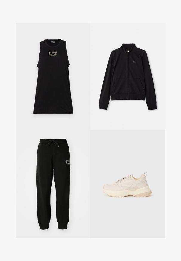 Črna jakna z zadrgo in stojnim ovratnikom, z dvema sprednjima žepoma, rebrastimi manšetami in majhnim logotipom na levem prsnem delu. Narejena iz mehke in gladke tkanine.; Črna brezrokavnica s krožnim izrezom, izdelana iz gladkega blaga, z zlatim EA7 logotipom spredaj in ohlapnim krojem.; Črne jogger hlače iz mehkega bombažnega blaga, z elastičnim pasom, vrvico in zoženimi manšetami na gležnjih. Vključujejo tudi podrobnost z logotipom spredaj.; Beige športni copati z gladkim zgornjim delom, teksturiranimi detajli in debelim off-white podplatom. Imajo vezalke in zanko na peti za enostavno obuvanje.