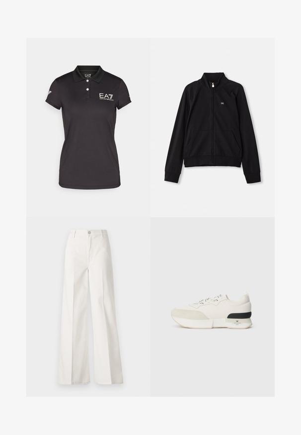 Svart hettejakke med glidelås og ståkrage, to frontlommer, ribbestrikkede mansjetter og en liten logo på venstre bryst. Laget av myk, glatt stoff.; Svart polo-skjorte laget av teksturert stoff med krage, to knapper og brodert EA7-logo på brystet og ermet. Korte ermer.; Hvite vide bukser laget av bomull med en glatt tekstur. Har en frontknapp, glidelåsgylf og fire lommer.; Hvite sneakers med en teksturert ser ut som en suede tåhette, glatt mesh-overdel, dekorative snørebånd og en svart gummihælaccent.