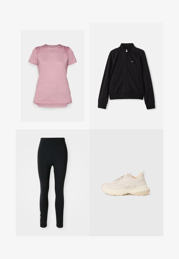 Črna jakna z zadrgo in stojnim ovratnikom, z dvema sprednjima žepoma, rebrastimi manšetami in majhnim logotipom na levem prsnem delu. Narejena iz mehke in gladke tkanine.; Majica kratkih rukavov za šport v svetlo roza barvi, z gladko teksturo, mrežastimi detajli na ramenih in okroglim robom.; Črne legice iz raztegljive tkanine z visokim pasom in majhnim natisnjenim logotipom na eni nogi. Gladka tekstura, oblikovana zasnova.; Beige športni copati z gladkim zgornjim delom, teksturiranimi detajli in debelim off-white podplatom. Imajo vezalke in zanko na peti za enostavno obuvanje.
