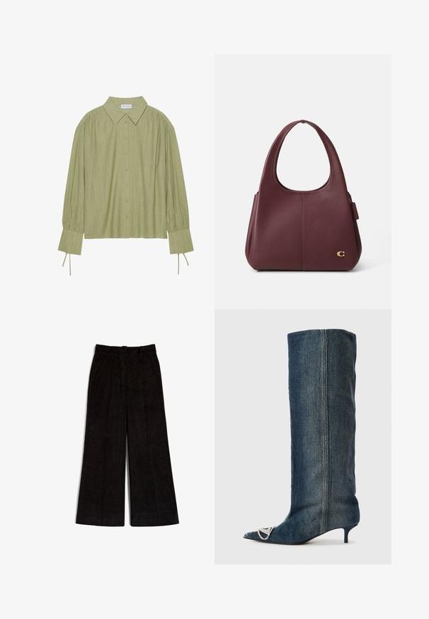 Sötétszürke pulóver magas gallérral, ejtett vállakkal és rugalmas mandzsettákkal. Minimalista dizájn és oldalsó zsebek jellemzik. Simább textúra.; Világoszöld, hosszú ujjal rendelkező ing, gombos elülső résszel, gallérral, texturált anyagból készült és nyakkendő részletekkel az ujjaknál. Egyenes hem kialakítás.; Fekete, széles lábú kordbársony nadrág, textúrált felülettel és két elülső pliszével, standard derékkal és egyenes szegéllyel tervezve.; Farmersármány térdig érő csizma, hegyes orral, ezüst színű fémes díszítéssel, vékony cirmos sarkával, valamint sima, texturált felülettel.; Bordó bőr válltáska széles, ívelt fogantyúval, sima textúrával és arany logóval az oldalon. Strukturált formával tervezték.