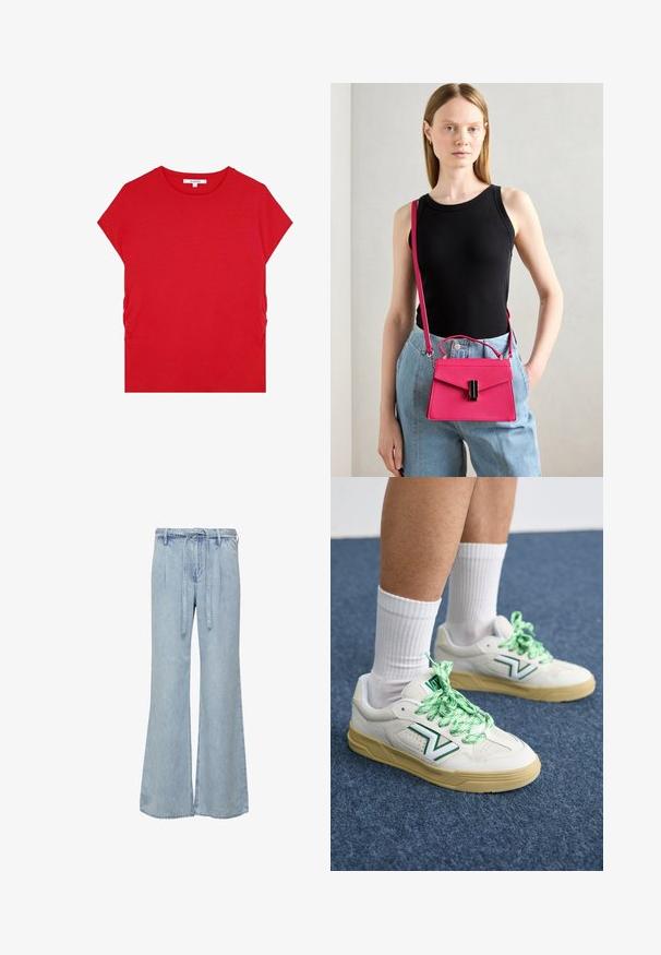 Ciemnoszara bluza z wysokim kołnierzem, obniżonymi ramionami i elastycznymi mankietami. Posiada minimalistyczny design i boczne kieszenie. Gładka tekstura.; Czerwona bawełniana koszulka z krótkim rękawem, okrągłym dekoltem i marszczeniami po bokach, charakteryzująca się gładką teksturą i minimalistycznym wzornictwem.; Jasnoniebieskie dżinsy w szerokim kroju wykonane z denimu. Posiadają elastyczny pasek w talii oraz luźny krój z delikatnym efektami wypłowienia i detalami szwów.; Białe sneakersy z zielonymi sznurowadłami i akcentami, z zaokrąglonym noskiem i teksturowaną podeszwą. Noszone z białymi skarpetkami na niebieskiej powierzchni.; Różowa strukturalna torebka z klapą i czarnymi akcentami hardware. Nosi się na przekątnej z długim paskiem. Gładka faktura.