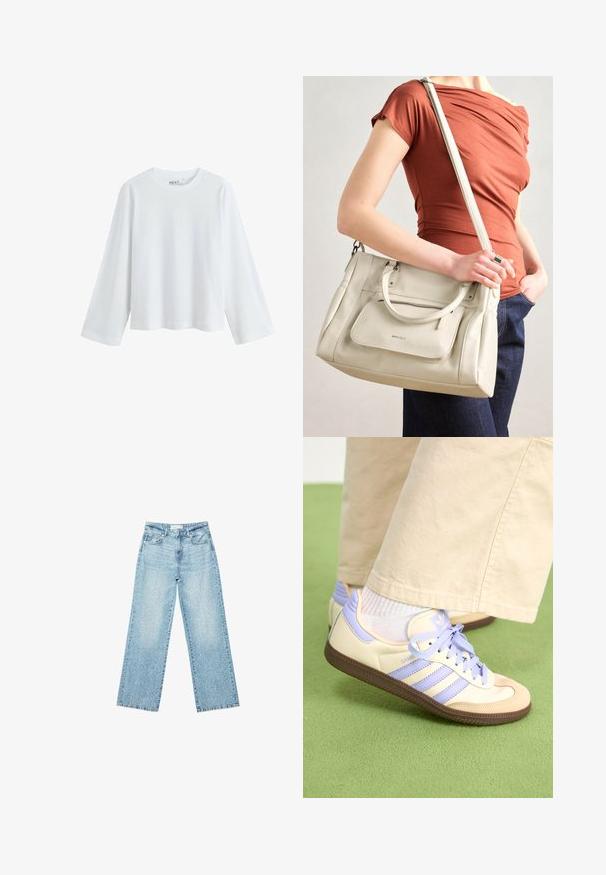 Mørkegrå sweatshirt med høj krave, sænkede skuldre og elastiske manchetter. Har et minimalistisk design og sidelommer. Glat tekstur.; Hvid langærmet t-shirt lavet af blød bomuld, med rund halsudskæring og drop-shoulder design, med en afslappet pasform og uden synlige mønstre.; Lyseblå denim bukser med bred benvidde og høj talje, præget af en falmet vask og små, spredte slidte detaljer overalt.; Creme og lavendel sneakers med tre striber og en tekstureret brun sål, der har snørebånd og en polstret hæl. Blødt stof øvre.; Hvid lædertaske med dobbelte hanke og en aftagelig skulderrem, der har en lynlåslomme foran og en glat overflade. Bæres på en persons arm.