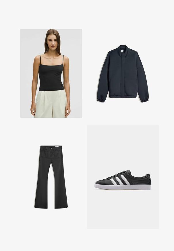 Temno siva majica s kapuco in visokim ovratnikom, s spušenimi rameni in elastičnimi manšeti. Ima minimalističen dizajn in stranske žepke. Gladka tekstura.; Črn top na spaghetti naramnice s kvadratnim izrezom in oprijetim silhuetom, narejen iz gladkega, lahkega blaga. Kombiniran s svetlimi širokimi hlačami.; Črne flare traperke z gladko teksturo, opremljene z dvema zadnjima žepoma in gumbnim zapiranjem v pasu.; Črne usnjene športe z belim trakom s tremi črtami, zaobljenim nosom, ravnim belim gumijastim podplatom in blagovno znamko na strani.
