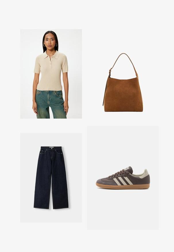 Ciemnoszara bluza z wysokim kołnierzem, obniżonymi ramionami i elastycznymi mankietami. Posiada minimalistyczny design i boczne kieszenie. Gładka tekstura.; Beżowa polo z prążkowanej tkaniny, z kołnierzykiem typu spread, krótkimi rękawami i pięcioma guzikami. Noszona z wyblakłymi niebieskimi spodniami typu wide-leg.; Granatowe dżinsy z szerokimi nogawkami i wysokim stanem, pięć kieszeni, kontrastowe szwy i srebrne metalowe akcesoria. Gładka tekstura i czyste wykończenie.; Brązowe skórzane trampki z trzema jasnymi paskami, gumową podeszwą, zaokrąglonym noskiem oraz teksturowanymi zamszowymi akcentami na pięcie i nosku.; Brązowa zamszowa torebka na ramię o zaokrąglonym dnie, z pojedynczym paskiem i gładką teksturą. Charakteryzuje się minimalistycznym designem i czystymi liniami.