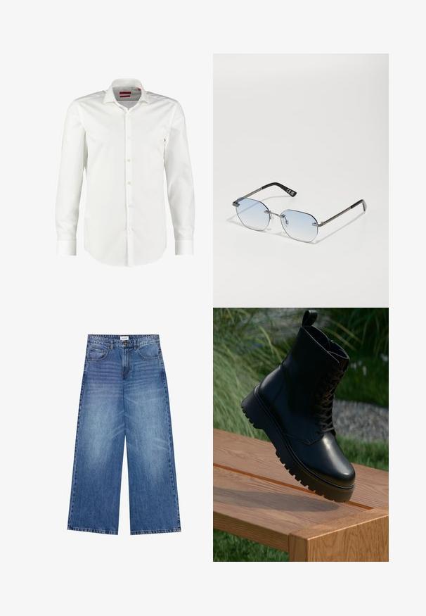 Brauner gestrickter Cardigan mit V-Ausschnitt, gerippten Bündchen und Saum sowie fünf großen Knöpfen auf der Vorderseite. Weicher Stoff mit lockerem Schnitt.; Weißes Langarmhemd mit Knopfleiste aus glattem Baumwollstoff. Verfügt über einen klassischen Kragen, eine saubere Vorderseite und geknöpfte Manschetten.; Hellblaue Jeans im weit geschnittenen Stil, mit Knopfverschluss, vier Taschen und einer leicht verwaschenen Textur auf dem Stoff.; Schwarze Lederstiefelette mit strukturierten Oberflächen, Schnürung an der Vorderseite und robuster, gerillter Sohle. Auf einer Holzoberfläche mit Gras-Hintergrund präsentiert.; Privé Revaux TRACK STAR UNISEX - Sonnenbrille - grey