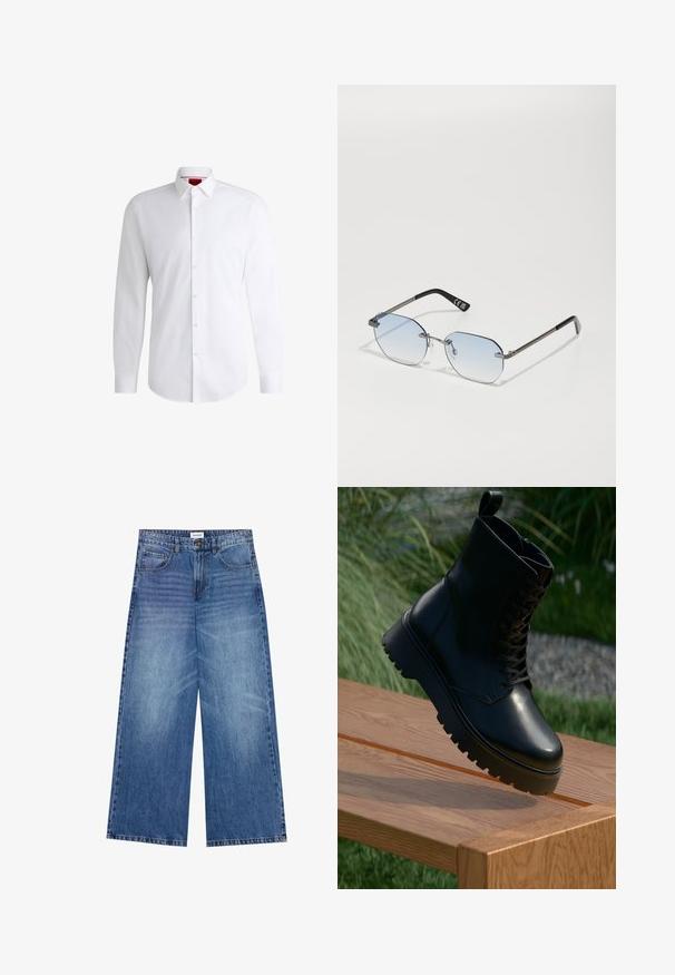 Cardigan lavorato a maglia marrone con scollo a V, polsini e orlo a coste, e cinque grandi bottoni sulla parte anteriore. Tessuto morbido con una vestibilità rilassata.; Camicia bianca con bottoni, realizzata in tessuto morbido, con colletto classico, maniche lunghe e orlo curvo. Presenta bottoni beige sul davanti.; Jeans a gamba larga in denim azzurro chiaro, con chiusura a bottoni, quattro tasche e una texture leggermente sbiadita su tutto il tessuto.; Stivaletto nero in pelle con superficie texturizzata, parte anteriore con lacci e suola alta e rigida. Esibito su una superficie di legno con uno sfondo di erba.; Privé Revaux TRACK STAR UNISEX - Occhiali da sole - grey