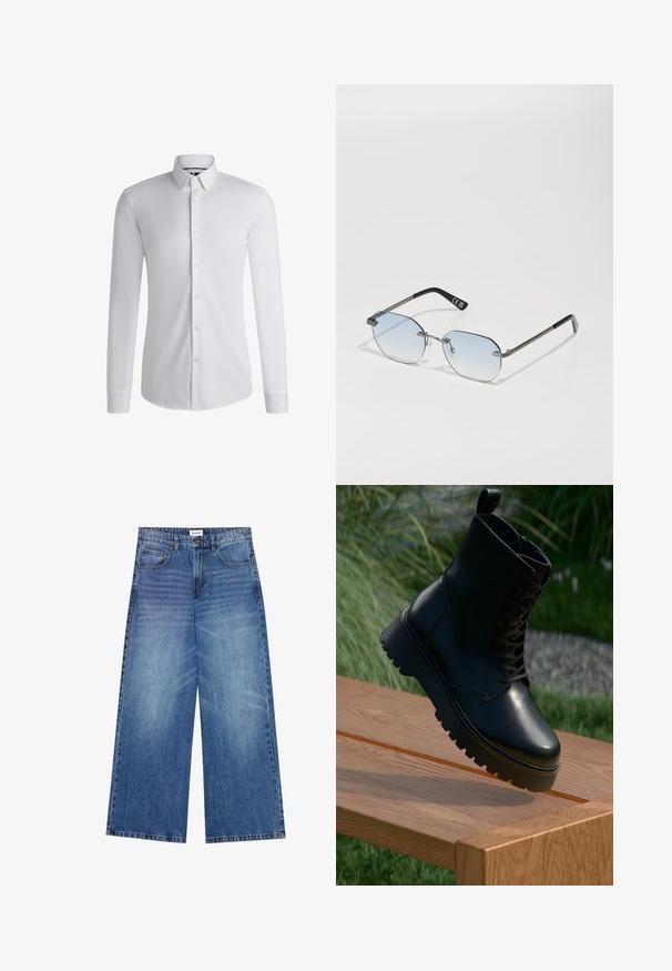 Ruskea neule cardigan, jossa on V-pääntie, joustinneulevarret ja -helma sekä viisi suurta nappia edessä. Pehmeä rakenne ja rento malli.; Pitkähihaisessa valkoisessa kauluspaidassa on sileä kangas, napitettava kaulus ja nappirivi edessä. Yksinkertainen muotoilu.; Kapelevat farkut vaaleansinisestä denimiä, joissa on nappikiinnitys, neljä taskua ja hieman haalistunut pinta kankaan yli.; Mustat nahkaiset nilkkakengät, joissa on teksturoitu pinta, nauhakiinnitys edessä ja tukeva, uritettu pohja. Näytetään puupinnalla, taustalla ruoho.; Privé Revaux TRACK STAR UNISEX - Aurinkolasit - grey