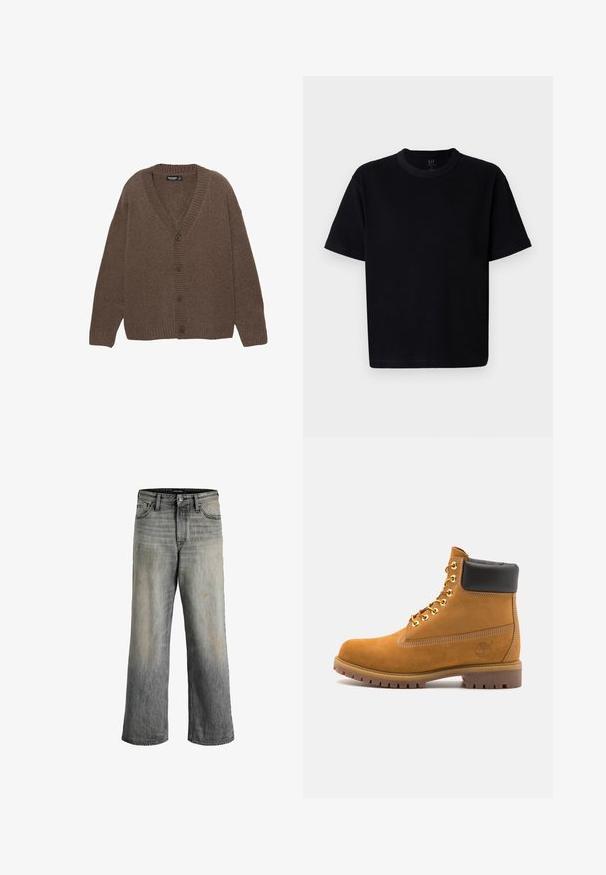 Rjav pleten cardigan z V-izrezom, rebrastimi manšetami in hemom ter petimi velikimi gumbi spredaj. Mehka textura in sproščen kroj.; Črna bombažna majica s krojem okoli vratu, kratkimi rokavi in ravnim krojem. Ima minimalno šivanje in mehko, gladko teksturo.; Hlače širokih nogavic v bledem sivi denimu z rahlim ombre učinkom. Imajo sprednje žepe in vidne šive. Prikazane so subtilne sledi obrabe.; Svetlo rjave anklne čizme iz semiša z črnim oblazinjenim ovratnikom, zlatimi kovinskimi očesci, belimi šivi in robustnim gumijastim podplatom s izrazitimi tredi.