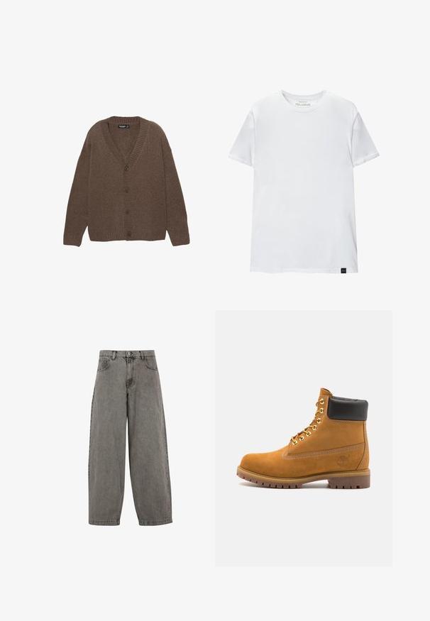 Smeđa pletena kardigan jakna s V-izrezom, rebrastim manžetama i rubom te s pet velikih dugmadi sprijeda. Mekana tekstura s opuštenim krojem.; Bijela majica uskog kroja od pamuka. Okrugli izrez, kratki rukavi, glatka tekstura. Mali crni logo na rubu. Jednostavan dizajn.; Sive traperice visokog struka, širokih nogavica, klasičnog dizajna s pet džepova i kopčanjem na gumbe sprijeda. Blago teksturirani završni sloj.; Antracitne antilop čizme do gležnjeva s crnim podstavljenim ovratnikom, zlatnim metalnim rupicama, bijelim šavovima i robusnom gumenom potplatom s izraženim šarama.