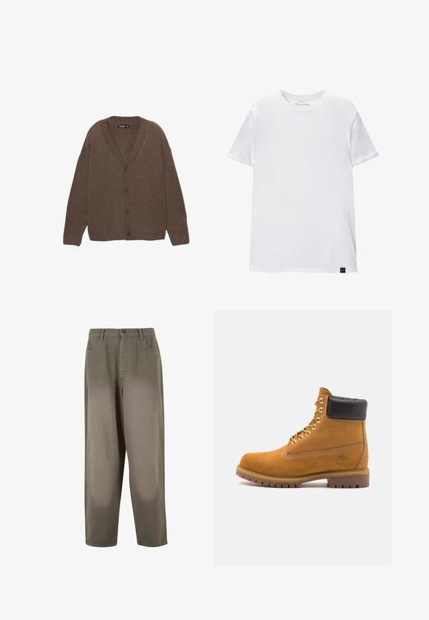 Smeđa pletena kardigan jakna s V-izrezom, rebrastim manžetama i rubom te s pet velikih dugmadi sprijeda. Mekana tekstura s opuštenim krojem.; Bijela majica uskog kroja od pamuka. Okrugli izrez, kratki rukavi, glatka tekstura. Mali crni logo na rubu. Jednostavan dizajn.; Svijetlozelene široke hlače izrađene od mekanog materijala. Imaju zatvaranje na dugme, prednje džepove i glatku cjelokupnu teksturu.; Antracitne antilop čizme do gležnjeva s crnim podstavljenim ovratnikom, zlatnim metalnim rupicama, bijelim šavovima i robusnom gumenom potplatom s izraženim šarama.